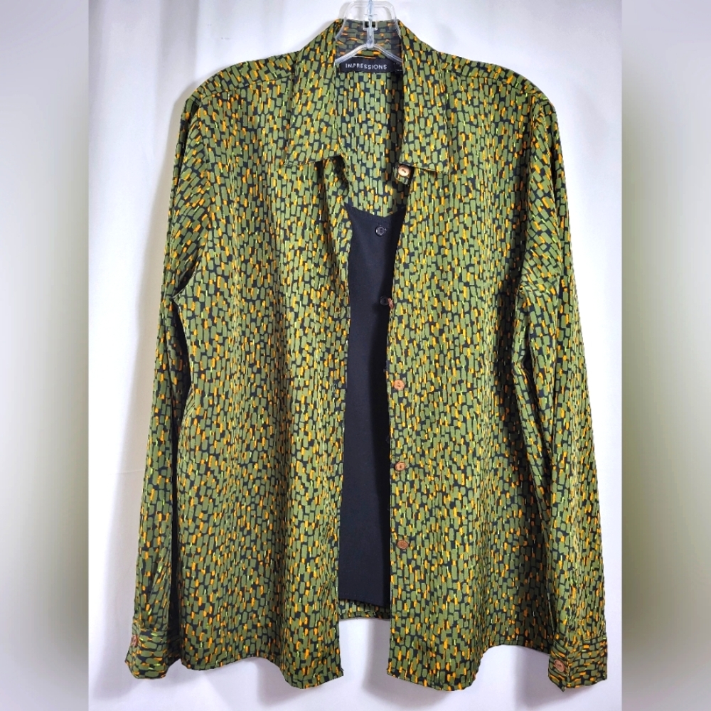 Impressions green black and orange silky blouse   women's L  #1615